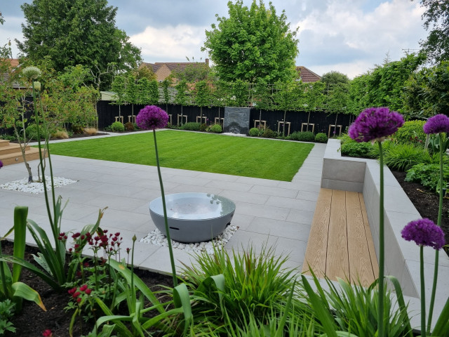 fire bowl in contemporary entertaining garden in swindon